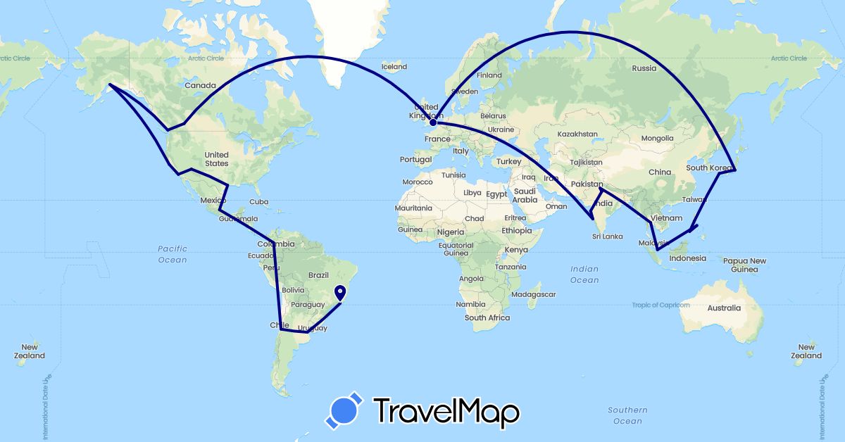 TravelMap itinerary: driving in Argentina, Brazil, Canada, Chile, Colombia, United Kingdom, Guatemala, India, Japan, Mexico, Nicaragua, Peru, Philippines, Singapore, Thailand, United States (Asia, Europe, North America, South America)